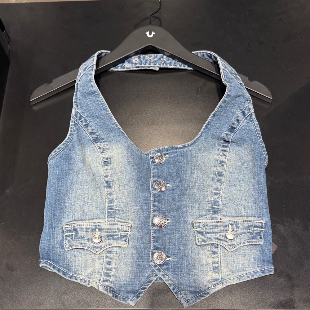 True Religion Light Blue Denim Crop Vest